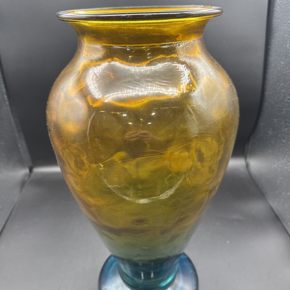 Vintage Hand Blown Amber Blue Art Glass Flower Vase 16" X Large Y2K - Picture 5 of 8
